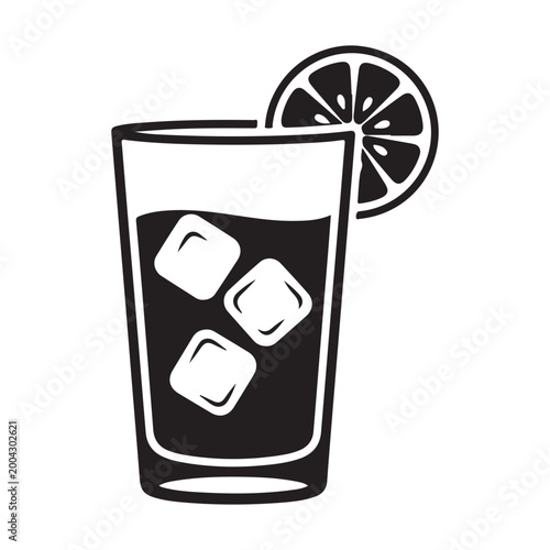 Black and white vector icon of a glass with ice cubes and a citrus slice. Ideal for menu design, bar signage, and beverage branding