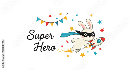 Adorable white bunny rabbit dressed as a superhero with a cape and mask flying on a small rocket ship surrounded by stars and bunting.