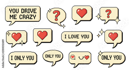 Collection of retro pixel art speech bubbles containing romantic messages like I love you and only you with hearts and sparkle icons.
