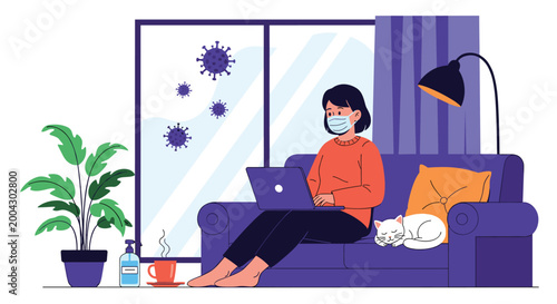 Young woman wearing a face mask while working on her laptop on a sofa with her cat at home as viruses float outside the window in lockdown.