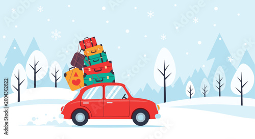 Small red car driving through a snowy winter landscape with a massive pile of colorful suitcases strapped to its roof for holiday trip.