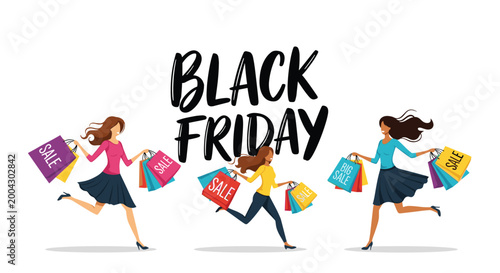Excited diverse women running with numerous colorful shopping bags under the bold text Black Friday for a seasonal retail advertisement.