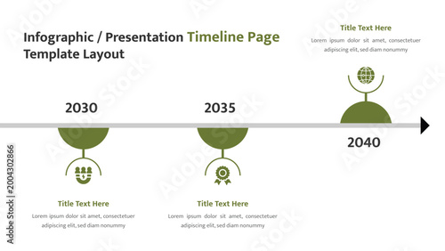 Horizontal timeline presentation template with years and icons representing future milestones or events