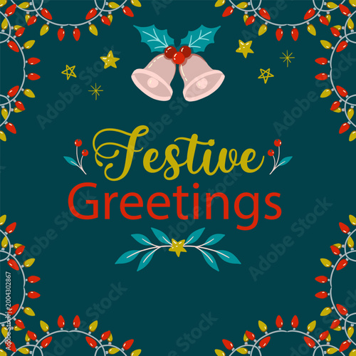 Winter Holidays Lights and Bells Vector Frame Background