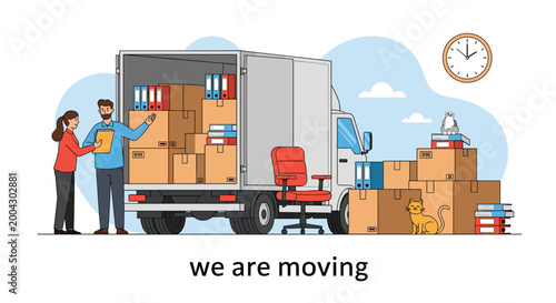 Business moving scene featuring people coordinating next to a large delivery truck filled with office boxes, folders, and furniture items.