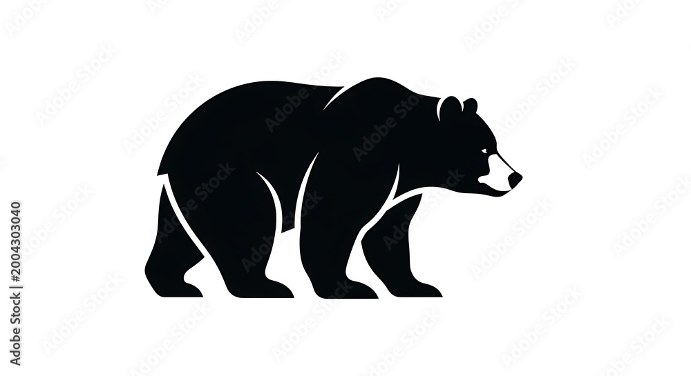 Fototapeta premium A black silhouette of a bear stands on white background, wild animal vector illustration.