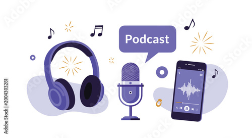 Modern podcasting concept illustration featuring a microphone, purple headphones, and a smartphone with an audio waveform on the screen.