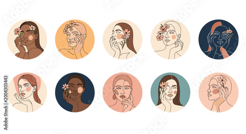 Minimalist collection of ten circular icons featuring elegant line art portraits of diverse women adorned with delicate pink floral accents.