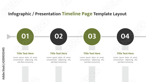 Infographic timeline presentation template illustrating four numbered sequential steps with text areas