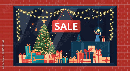 Enchanting Christmas shop window display with a decorated tree, glowing lights, and many colorful gift boxes against a red brick wall at night.