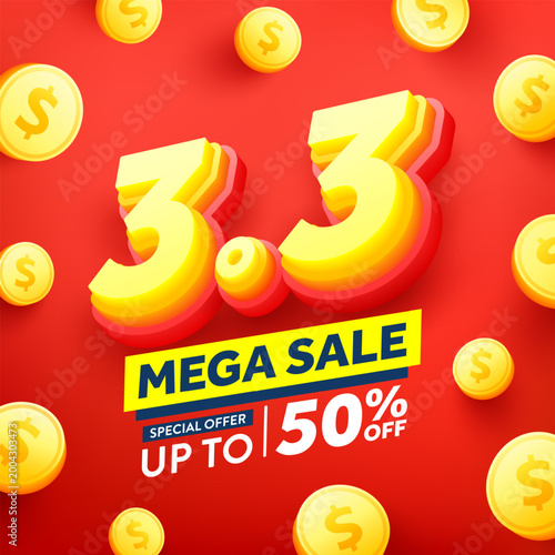 3.3 Shopping day Poster or banner with gift box on red background.Sales banner template design for social media and website.March 3 Special Offer Sale 50% Off campaign or promotion.