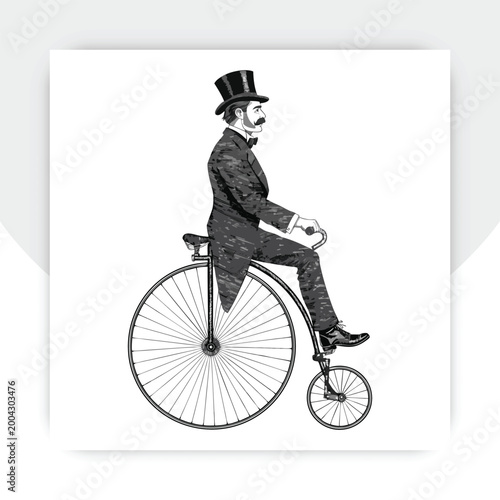 Tableau sur toile Vintage food delivery man on high wheel Penny farthing bicycle sketch engraving vector illustration