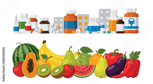Conceptual comparison between pharmaceutical medicine bottles and pills versus fresh fruits and vegetables as a source of health and nutrition.