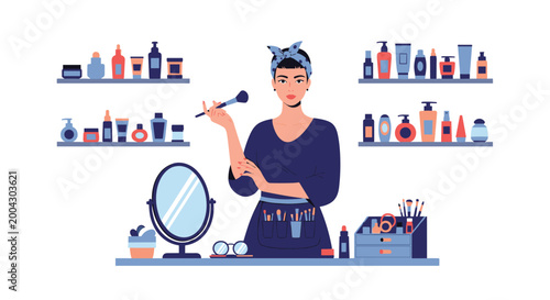 Professional makeup artist woman standing behind a table filled with various cosmetic products, brushes, and mirrors in a bright beauty studio.