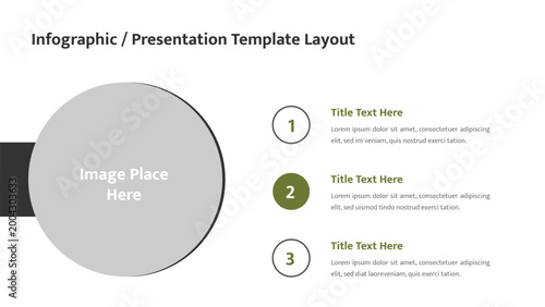 Modern infographic presentation slide showing a large circular image placeholder and three numbered steps