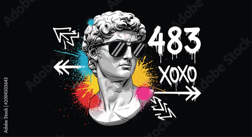Modern urban art depiction of the classical statue of David wearing black sunglasses with colorful paint splashes and graffiti text on black.