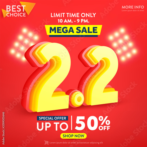 2.2 Shopping day Poster or banner with gift box on red background.Sales banner template design for social media and website.February 2 Special Offer Sale 50% Off campaign or promotion.