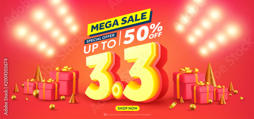 3.3 Shopping day Poster or banner with gift box on red background.Sales banner template design for social media and website.March 3 Special Offer Sale 50% Off campaign or promotion.