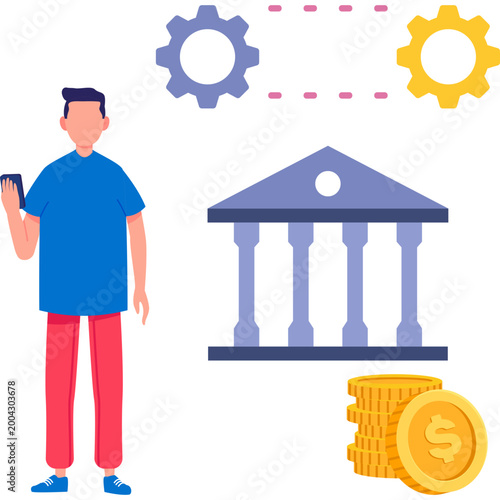 Man Working on Banking Technology Online Banking Fintech Digital Finance Illustration