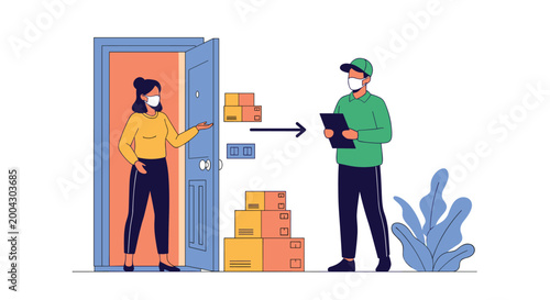 Modern contactless delivery scene showing a customer at an open door receiving packages from a courier while both wear protective masks.