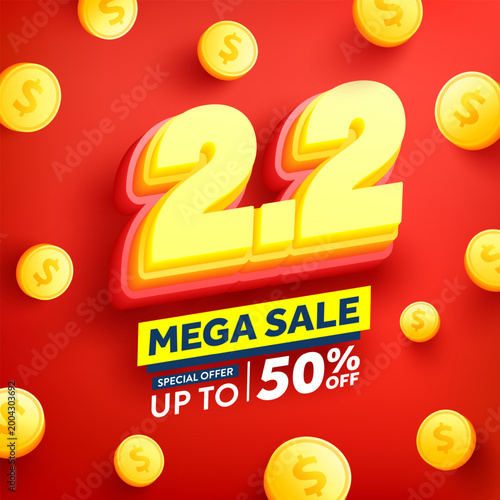 2.2 Shopping day Poster or banner with gift box on red background.Sales banner template design for social media and website.February 2 Special Offer Sale 50% Off campaign or promotion.