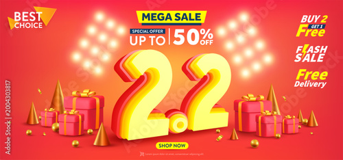 2.2 Shopping day Poster or banner with gift box on red background.Sales banner template design for social media and website.February 2 Special Offer Sale 50% Off campaign or promotion.