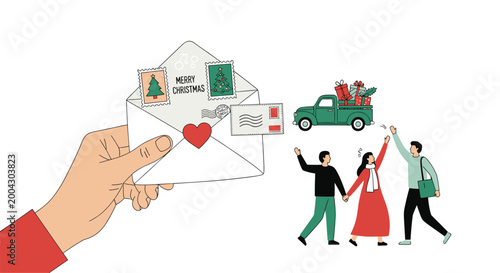 Hand holding a Merry Christmas envelope next to a group of friends celebrating with a green truck filled with holiday gifts in the background.