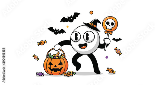 Playful Halloween cartoon character in a witch hat carrying a pumpkin bucket full of candy while holding a skull shaped lollipop at night.