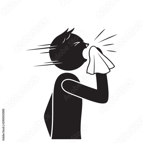 Sneezing person silhouette vector icon with tissue. Representing common cold symptoms, seasonal allergies, and respiratory hygiene