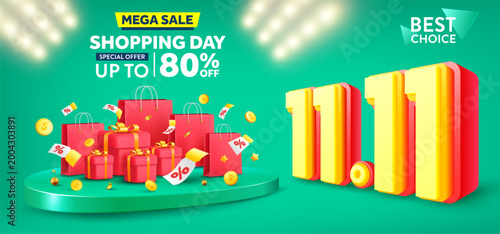 Vector of 11.11 Shopping day Poster or banner with gift box and shopping bag.11 november sales banner template design for social media and website. Vector illustration eps 10