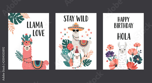 Set of three adorable llama themed greeting cards with vibrant floral decorations and phrases like Llama Love, Stay Wild, and Happy Birthday.