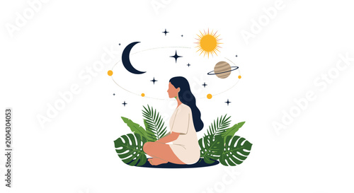 Peaceful woman meditates in a lotus pose surrounded by lush tropical greenery under a celestial night sky with moon stars and planets.