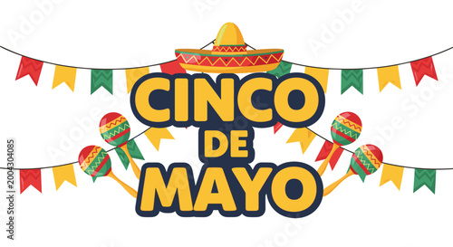 Festive cinco de mayo celebration banner features traditional mexican icons like a sombrero maracas and colorful papel picado bunting.