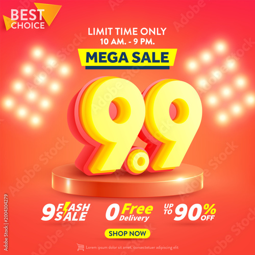 9.9 Shopping day Poster or banner with 9 over on product podium scene.Sales banner template design for social media and website.Special Offer Sale 90% Off campaign or promotion.
