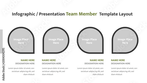 Team member infographic presentation template provides four distinct sections for employee profiles and details
