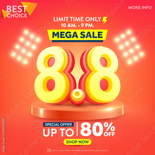 Vector of 8.8 Shopping day Poster or banner with 8 over on product podium scene.8 August sales banner template design for social media and website.Special Offer Sale 80% Off campaign or promotion.