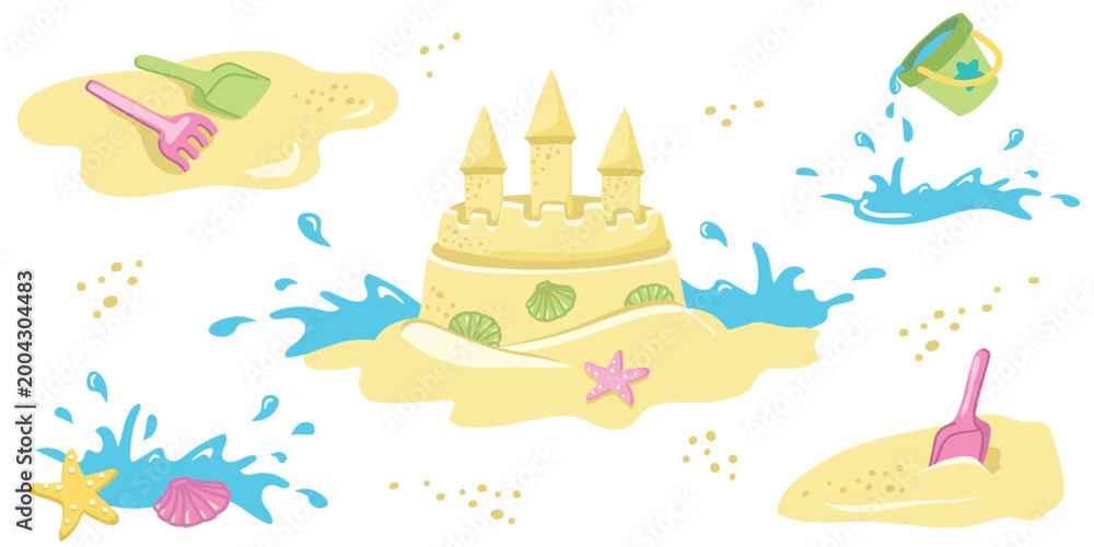Naklejka premium Complete Beach Sand Play Composition with Castle Toys Splash and Marine Elements Summer Vacation Illustration for Kids