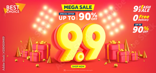 9.9 Shopping day Poster or banner with gift box on red background.Sales banner template design for social media and website.Special Offer Sale 90% Off campaign or promotion.