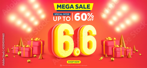 6.6 Shopping day Poster or banner with gift box on red background.Sales banner template design for social media and website.6 June Special Offer Sale 60% Off campaign or promotion.