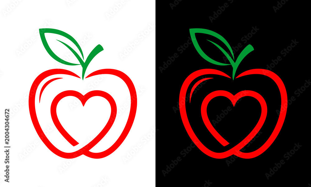 Fototapeta premium A symbolic illustration of a heart-shaped apple with a leaf on top.