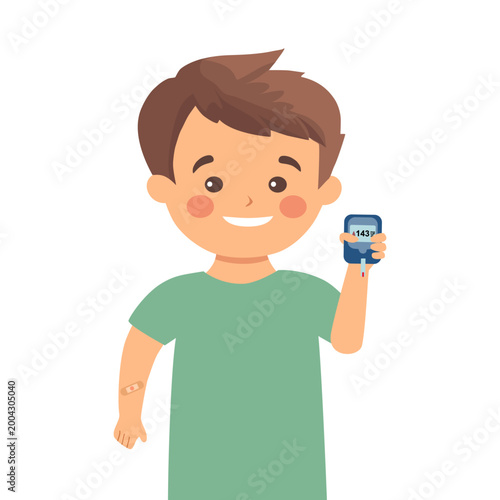 Diabetes patient boy. Diabetic. Boy with blood glucose meter, monitor. Diabetic concept. Children, kids. Banner, web, icon, e-commerce, advertise, merchandise.