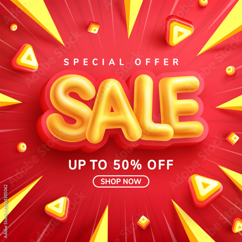 Special Offer Sale 50% Off Poster or banner with Yellow Sale font on red background for Retail,Shopping or promotion.Sale banner template design for social media and website.50% Off sale special offer