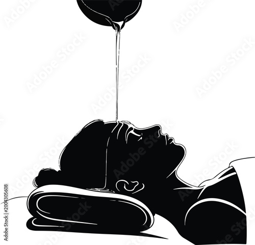 Ayurvedic Shirodhara Therapy Vector Illustration, Woman Receiving Oil Pouring Treatment on Forehead for Wellness and Relaxation, Black and White Silhouette