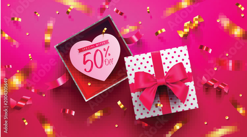Valentine's Day Sale Poster or banner with Open gift box.Promotion and shopping template or background for Love and Valentine's day concept.Vector illustration EPS10