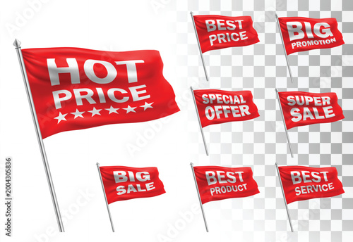 Set of red waving flags with text for sale and promotion banner on transparent background.vector illustration eps 10