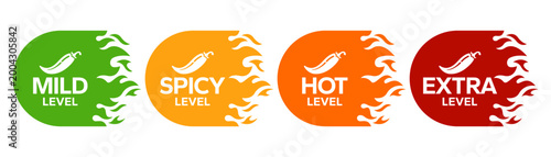 Red Chili Peppers Fire Flames icon. Chili mild level, spicy level, hot level, extra level Label. Hot Spicy green, yellow, orange icons. Logo Spicy. Extra chilli badge. Hand drawn. Vector illustration.