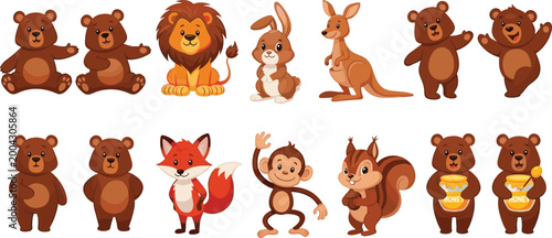 Cute Woodland Animal Character Set with Bear Lion Fox Kangaroo Monkey and Squirrel Cartoon Vector Collection for Kids Illustration and Mascot Design