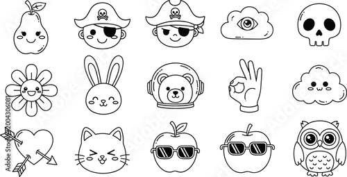 Cute Doodle Icon Set with Pirate Faces Animals Cloud Skull and Hand Gesture Outline Vector Collection for Kids Design and Coloring Pages