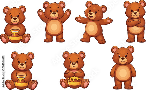 Cute Teddy Bear Character Set with Honey Pot Cartoon Bear Poses Vector Collection for Kids Illustration Mascot Design and Children Graphics