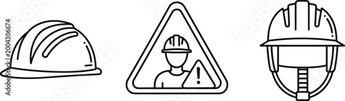 Construction Safety Helmet Icon Set with Hard Hat Worker Warning Sign Outline Vector Collection for Industrial Protection and Workplace Safety Design